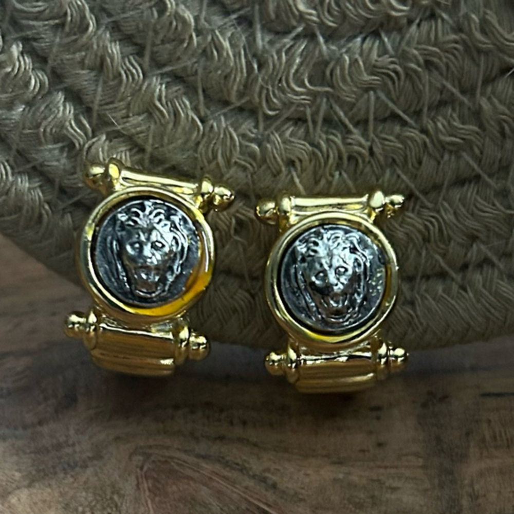 Vintage Gold and Silver Toned Lion Head Clip On Earrings